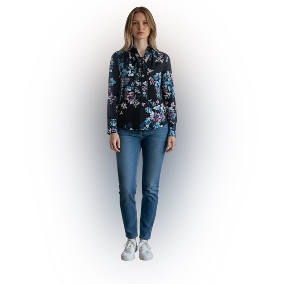 White House Black Market Blouse 4 Floral Tie Neck Women’s Black Blue Long Sleeve - Picture 2 of 12